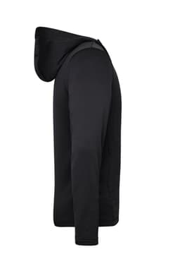 A black men's sports zip hoodie displayed from the side, featuring a hood and a smooth fabric.