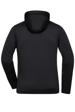 A black men's sports zip hoodie featuring a hood and long sleeves, with a logo on the back.