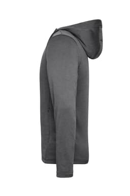 A men's sports zip hoodie in grey, featuring a hood and a zip closure, displayed from the side.