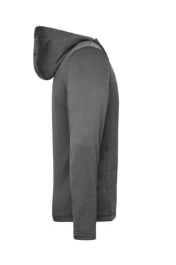 A grey men's sports zip hoodie featuring a hood and long sleeves. It has a logo on one side.