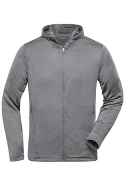 A grey men's sports zip hoodie with long sleeves and a zip front, featuring side pockets and a logo.