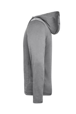 A grey men's sports zip hoodie displayed from the side, featuring a hood and a logo.