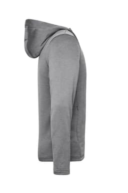 A grey men's sports zip hoodie with a fitted design, featuring a hood and ribbed cuffs. It includes a logo on the garment.
