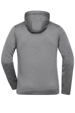 A grey men's sports zip hoodie with a hood and long sleeves, featuring a logo on the back.