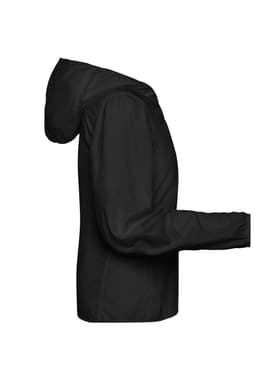 A black ladies' sports jacket with a hood, featuring long sleeves and a fitted design. It has a logo.