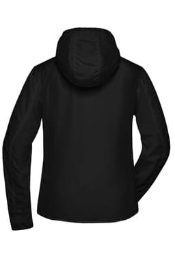 A black ladies sports jacket with a hood, featuring a smooth, soft shell texture and a logo on the back.