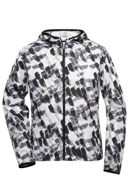 A soft shell ladies sports jacket featuring a monochrome brushstroke pattern and a hood. It has a logo on it.