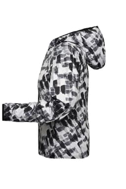 A ladies sports jacket in a black and white abstract pattern, featuring a hood and long sleeves. It has a logo.
