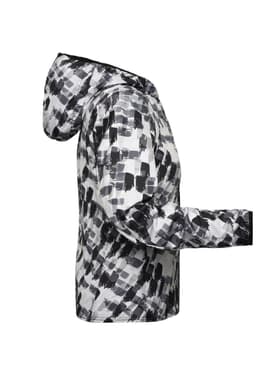 A soft shell ladies' sports jacket in a black and white abstract pattern, featuring a hood and a logo.
