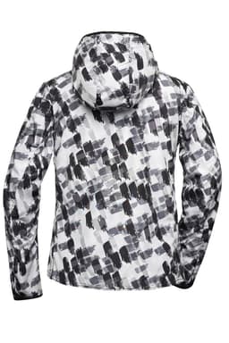 A ladies' soft shell jacket in a black and white abstract pattern, featuring a hood and a logo.