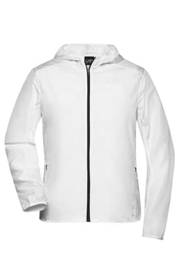 A white ladies' soft shell sports jacket with a hood and a front zip, featuring side pockets and a logo.