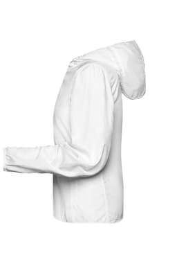 A white ladies' sports jacket with a hood, featuring a smooth soft shell design and a logo.