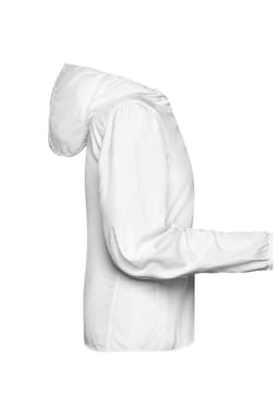 A white ladies' sports jacket with a hood and long sleeves, featuring a logo.