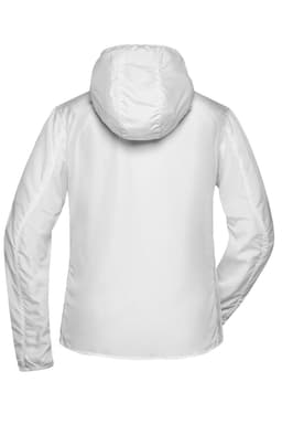 A white soft shell jacket for ladies with a hood, featuring a smooth finish and fitted design at the back.
