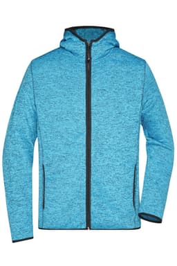 A knitted fleece hoodie in a vibrant blue hue with a front zip and pockets, featuring a logo on the chest.
