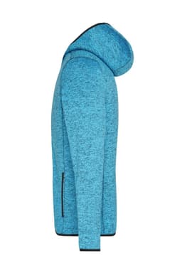A blue knitted fleece hoodie with a side view, featuring a hood and zippered pockets. It has a logo on the design.