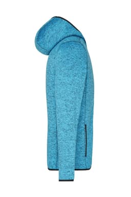 A blue knitted fleece hoodie with a hood, featuring a side zip pocket and a logo on the fabric.