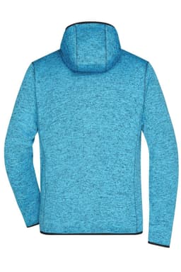 A blue knitted fleece hoodie with a hood, featuring a textured pattern and a black trim.