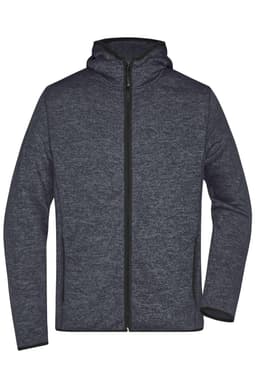 A men's knitted fleece hoodie in dark grey, featuring a zip front and a hood. It includes a logo on the chest.