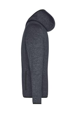 A grey knitted fleece hoodie with a hood, featuring side pockets and a simple design.