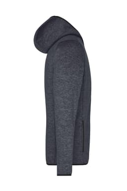 A grey knitted fleece hoodie with a side view, featuring a hood and front pockets. It has a logo.