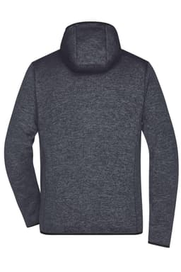 A grey knitted fleece hoodie featuring a hood and a simple design, with a logo present on the fabric.