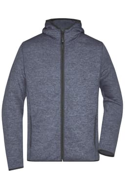A men's knitted fleece hoodie in navy blue, featuring a zip closure and a hood, with a logo on the front.