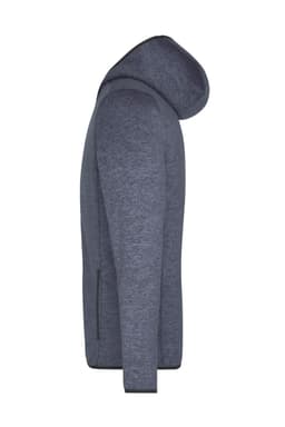 A grey knitted fleece hoodie with a side view, featuring a hood and pockets. It has a simple design and a logo.