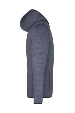 A men's knitted fleece hoodie in dark blue, featuring a hood and side pockets, with a logo on the chest.