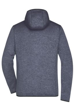 A men's knitted fleece hoodie in a navy blue hue, featuring a hood and a simple design with a logo.
