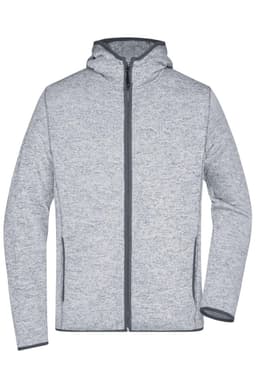 A men's knitted fleece hoodie in light grey with a zippered front and side pockets. Features a logo on the hood.