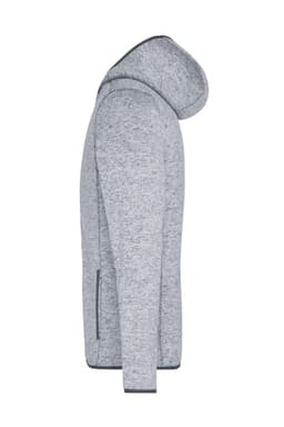 A grey knitted fleece hoodie with a hood, featuring side pockets and a sleek design. It has a visible logo.