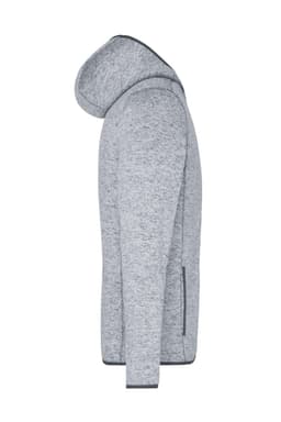 A grey knitted fleece hoodie with a hood, featuring a zip and side pockets. The product includes a logo.