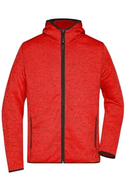 A red knitted fleece hoodie featuring a zip front and two side pockets, with contrasting black trim.