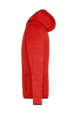 A red mens knitted fleece hoodie with a hood and side pockets, featuring a textured design and a logo.