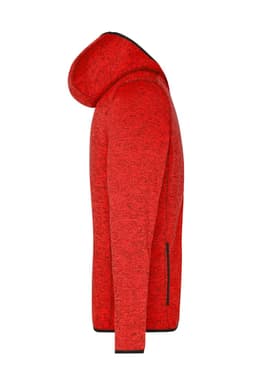 A red knitted fleece hoodie with a hood and side zip pockets, featuring a logo.