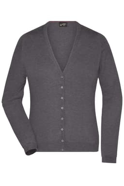 A dark grey ladies V-neck cardigan with long sleeves and front buttons. Features a logo on the label.