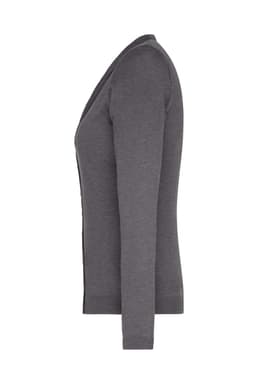 A ladies' grey v-neck cardigan with a fitted design and long sleeves, featuring a subtle branding logo.