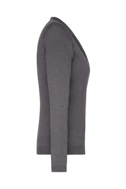 A ladies v-neck cardigan in a dark grey shade, featuring long sleeves and a fitted design. It has a logo.