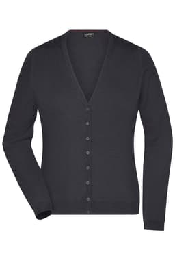 A dark grey ladies V-neck cardigan with a button-up front and long sleeves, featuring a subtle branding.