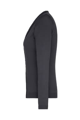 A ladies' v-neck cardigan in dark grey, featuring a fitted silhouette and long sleeves. The item has a logo.