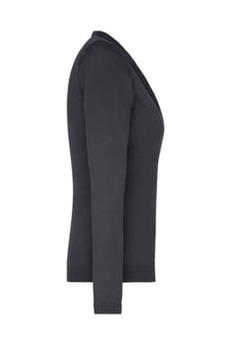 A dark grey ladies V-neck cardigan featuring long sleeves and a fitted design. It has a logo on the garment.