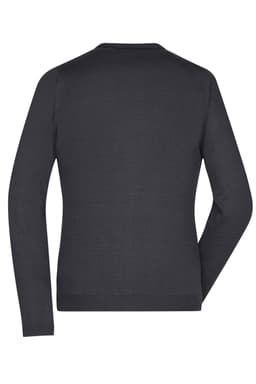 A dark grey ladies' V-neck cardigan with long sleeves and a fitted design, featuring a logo on the back.