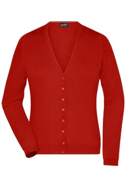 A red ladies' v-neck cardigan with long sleeves and a button-down front, featuring a logo.