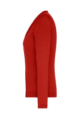 A red ladies v-neck cardigan displayed from the side, featuring long sleeves and a fitted design.
