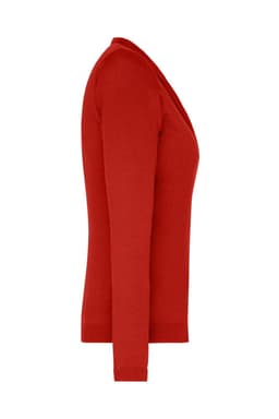 A red ladies V-neck cardigan displayed from the side, featuring long sleeves and a fitted silhouette.