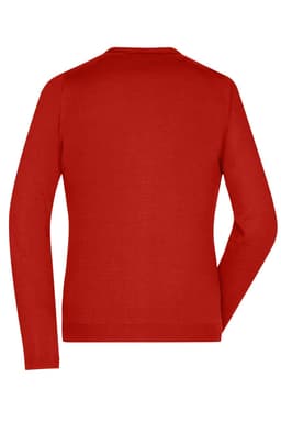 A red Ladies V-Neck Cardigan with long sleeves, showcasing the back view of the garment. There is a logo present.