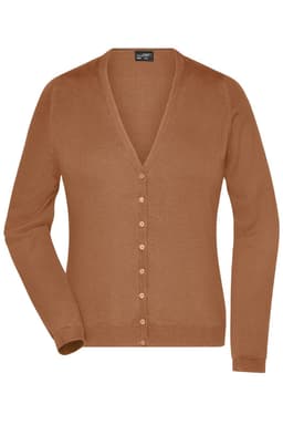 A ladies v-neck cardigan in a warm brown hue with long sleeves and a button front. It features a small logo.
