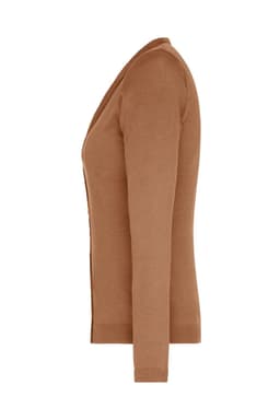 A ladies v-neck cardigan in a warm brown colour, featuring long sleeves and a fitted design.