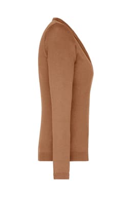 A ladies' v-neck cardigan in a warm brown colour, featuring long sleeves and a fitted design. It has a logo.